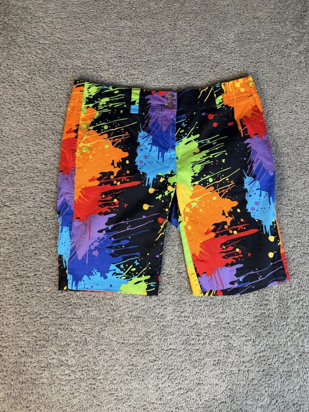 Loudmouth Golf Shorts Womens 12 Multicolor Bermuda Paint Splatter 11 In Inseam